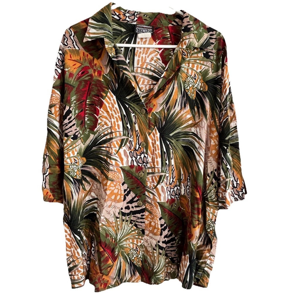 Stewart Short Sleeve Shirt Top Button Up Women's XL Blouse Safari Tropical